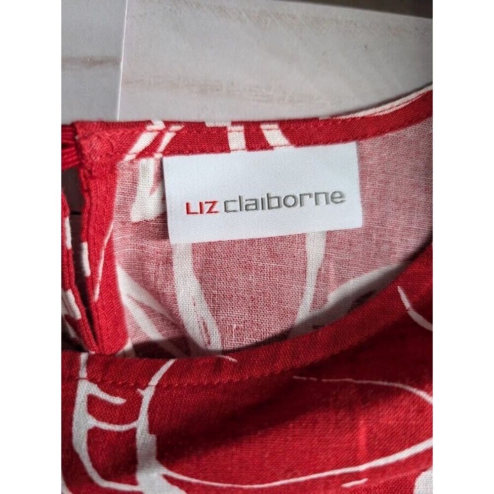 Liz Claiborne Size XL Womens Red White Floral Linen Short Sleeve Blouse Top - Picture 2 of 6